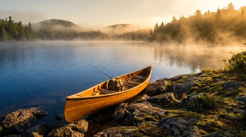 Wooden canoe with fishing rods on a misty lake shore at sunrise, How to Start a Float and Canoe Outfitter Business on the Buffalo River