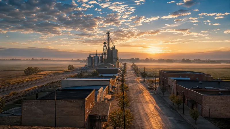 Delta farm-country town street of low brick buildings with a grain elevator, flat fields and a levee tree line beyond, Jonesboro Privilege License
