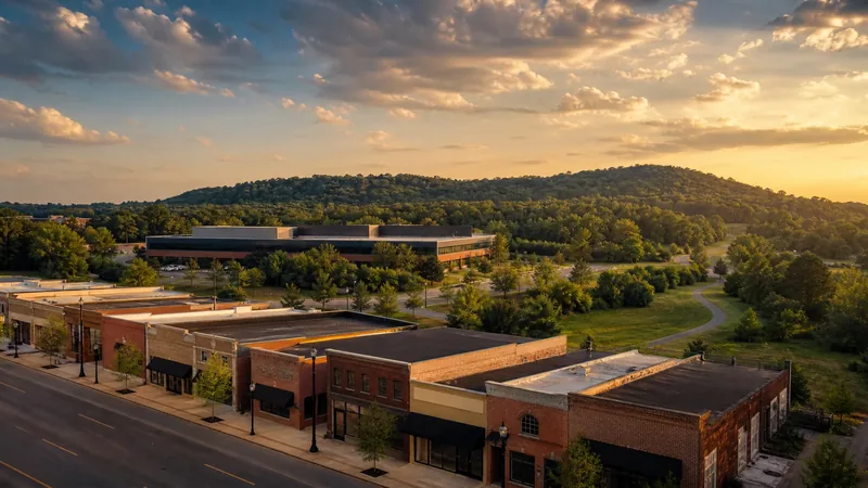 Ozark hill town main street of low brick storefronts and a modern corporate campus with wooded hills and a bike trail beyond, Fort Smith Business License