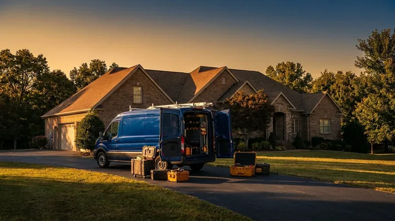 Service van and equipment outside a suburban home, How to Start a Pest Control Business in Arkansas
