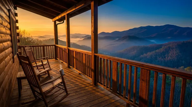 Log cabin porch with rocking chairs above misty hills at sunrise, How to Start a Short-Term Rental Business in Arkansas