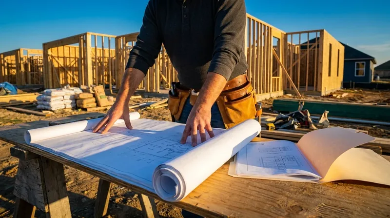 Contractor reviewing blueprints at a jobsite, How to Start a General Contractor Business in Arkansas