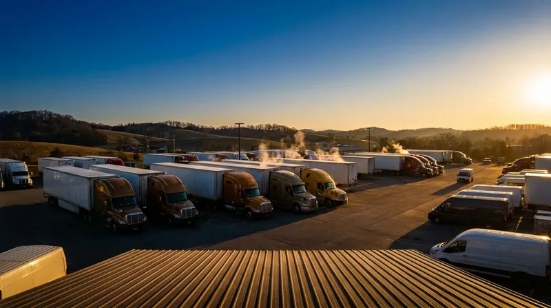 Box trucks and semis at a logistics yard, How to Start a Trucking Company in Arkansas